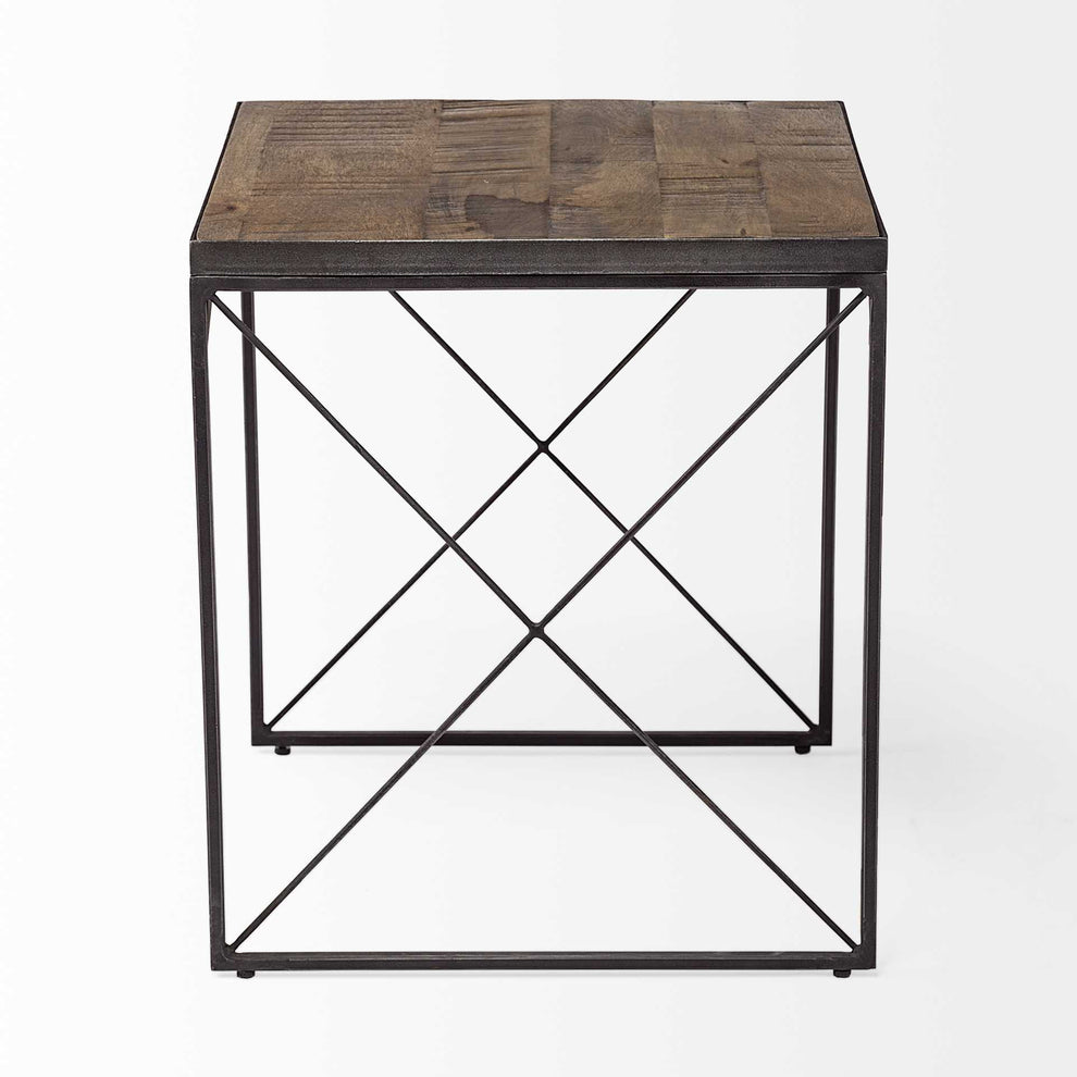 Medium Brown Wood Side Table with Square Top and Iron Cross Braced By Homeroots | Side Tables | Modishstore - 3