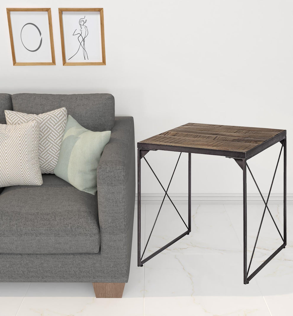 Medium Brown Wood Side Table with Square Top and Iron Cross Braced By Homeroots | Side Tables | Modishstore - 5
