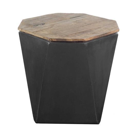 Black Metal and Natural Wood Hinged-Top Side Table By Homeroots