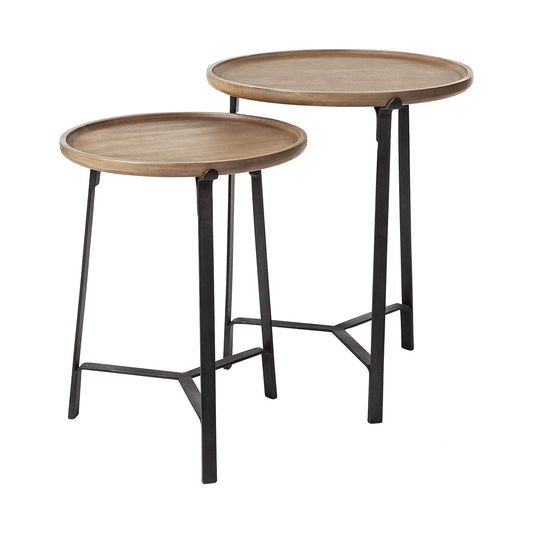 Set of 2 Round Brown Solid Wood Iron Base Nesting Side Tables By Homeroots