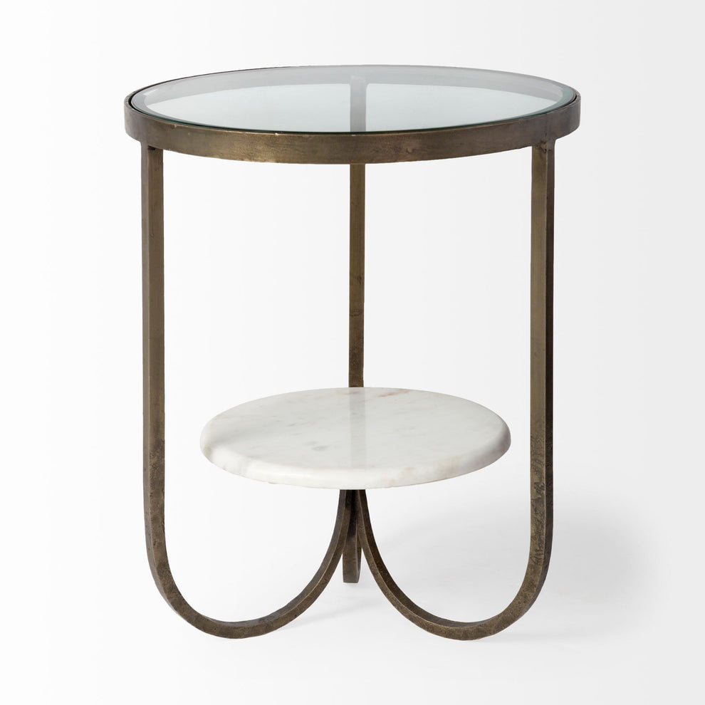 Round Glass Top Metal Side Table with Marble Shelf on Bottom By Homeroots | Side Tables | Modishstore - 2