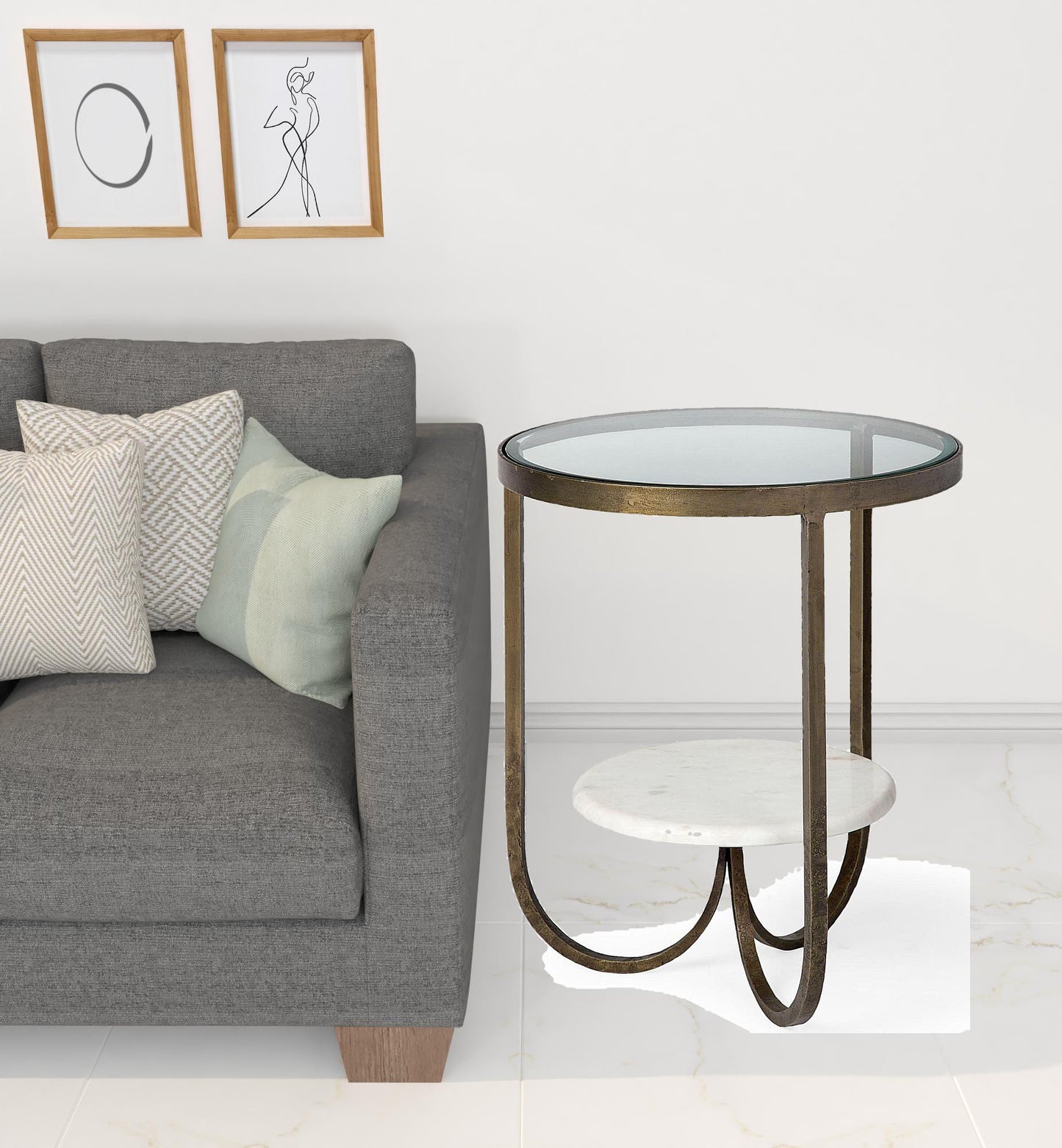 Round Glass Top Metal Side Table with Marble Shelf on Bottom By Homeroots