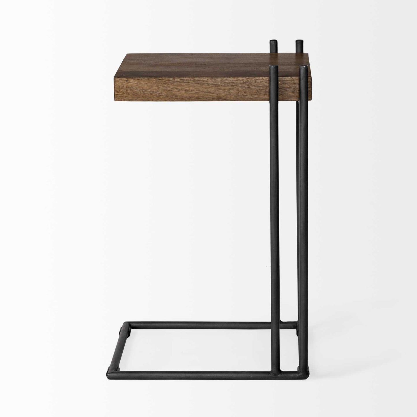 L-Shaped Medium Brown Wood Side Table with Black Metal Frame By Homeroots