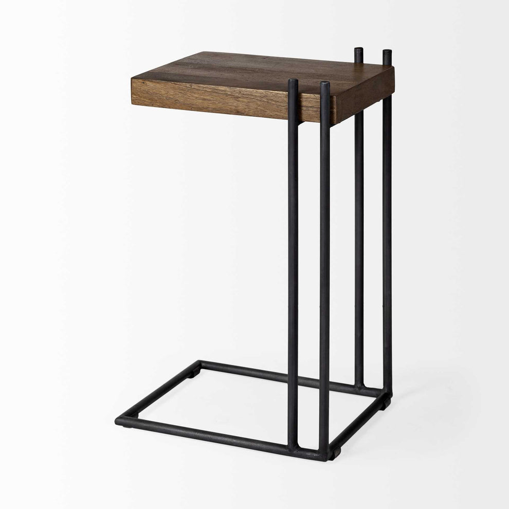 L-Shaped Medium Brown Wood Side Table with Black Metal Frame By Homeroots | Side Tables | Modishstore - 4