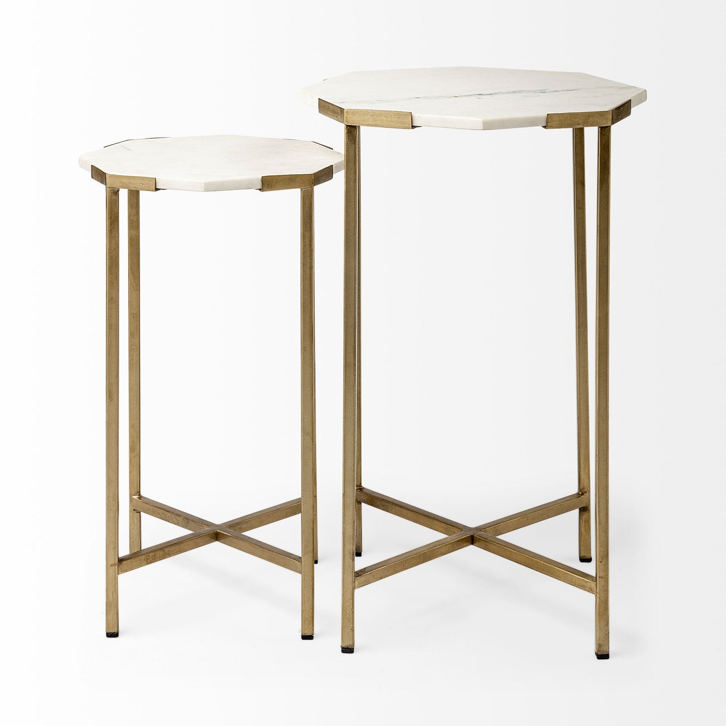 Set of 2 White Marble and Iron Hexagonal Top Side Tables By Homeroots