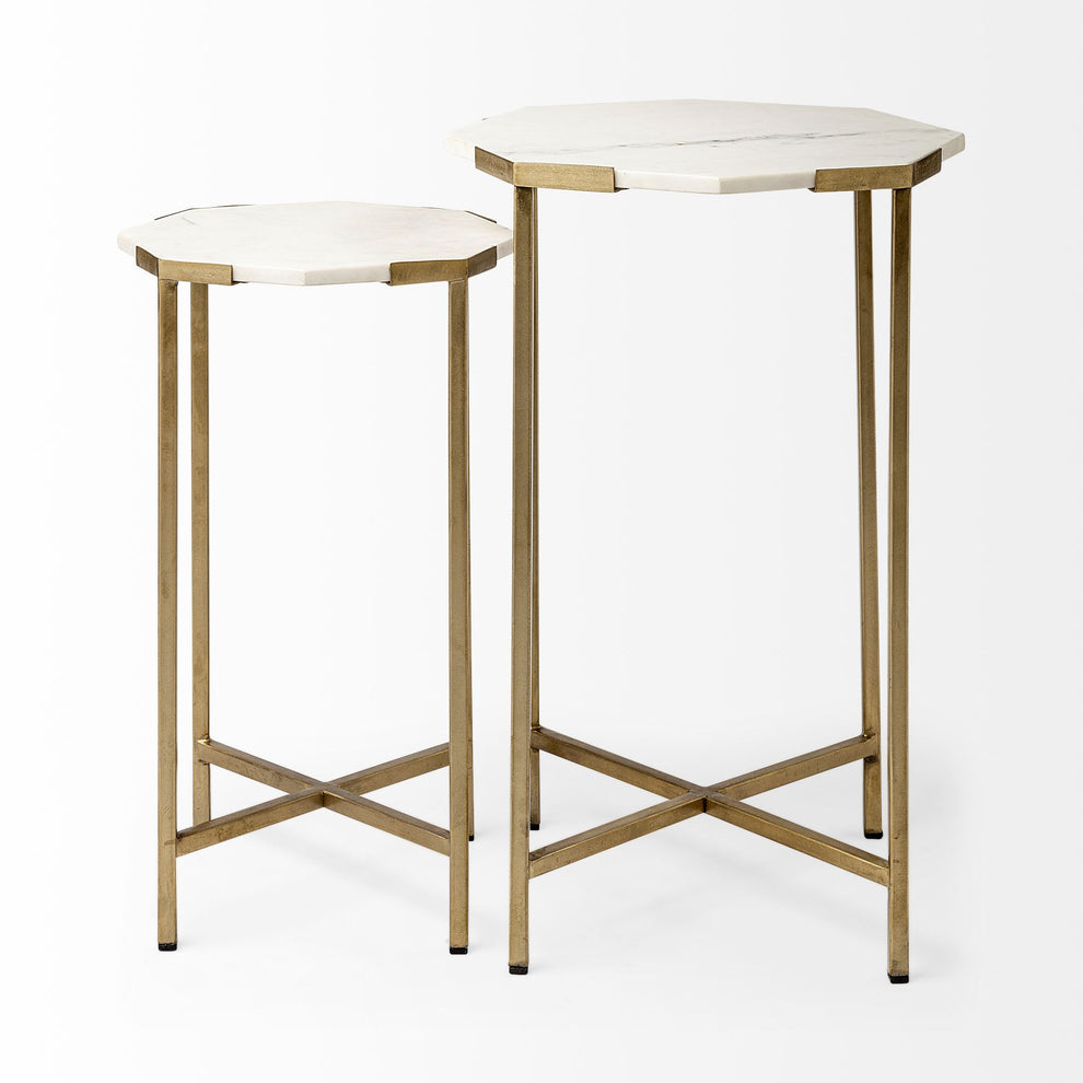 Set of 2 White Marble and Iron Hexagonal Top Side Tables By Homeroots | Side Tables | Modishstore - 2