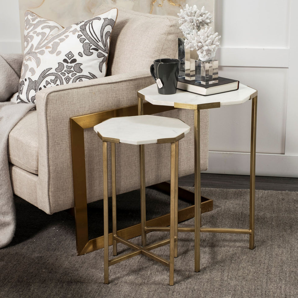 Set of 2 White Marble and Iron Hexagonal Top Side Tables By Homeroots | Side Tables | Modishstore - 6