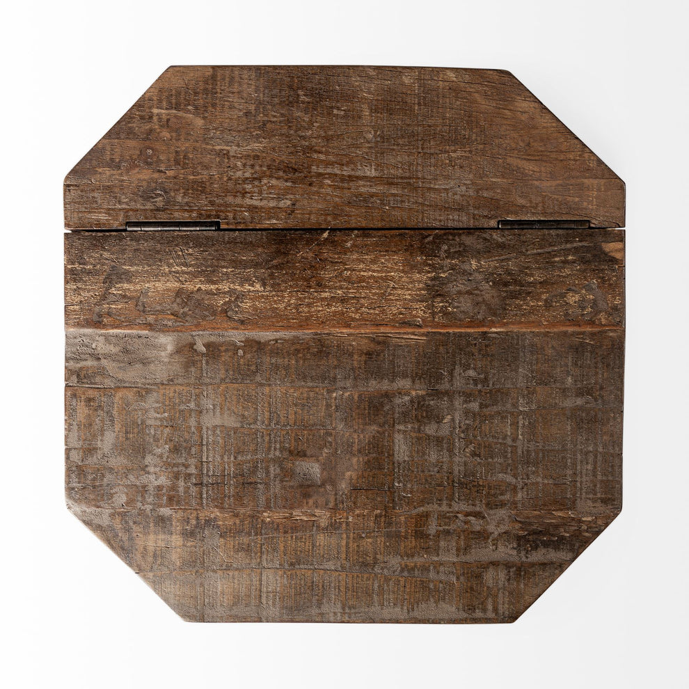 Brass and Natural Wood Side Table with Hexagonal Hinged-Top By Homeroots | Side Tables | Modishstore - 3