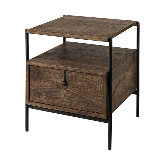 Square Top End Table with Dark Brown Wood and Iron Black Frame By Homeroots