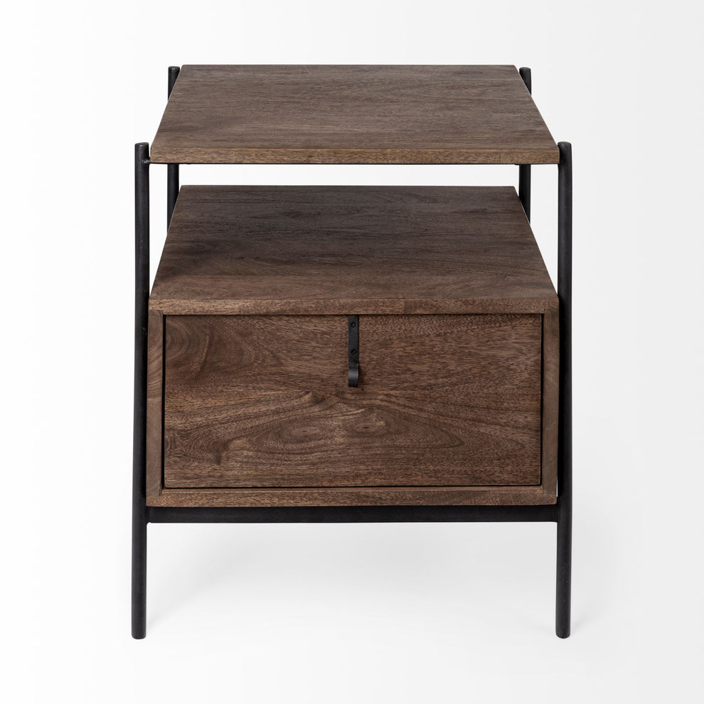 Square Top End Table with Dark Brown Wood and Iron Black Frame By Homeroots | End Tables | Modishstore - 2