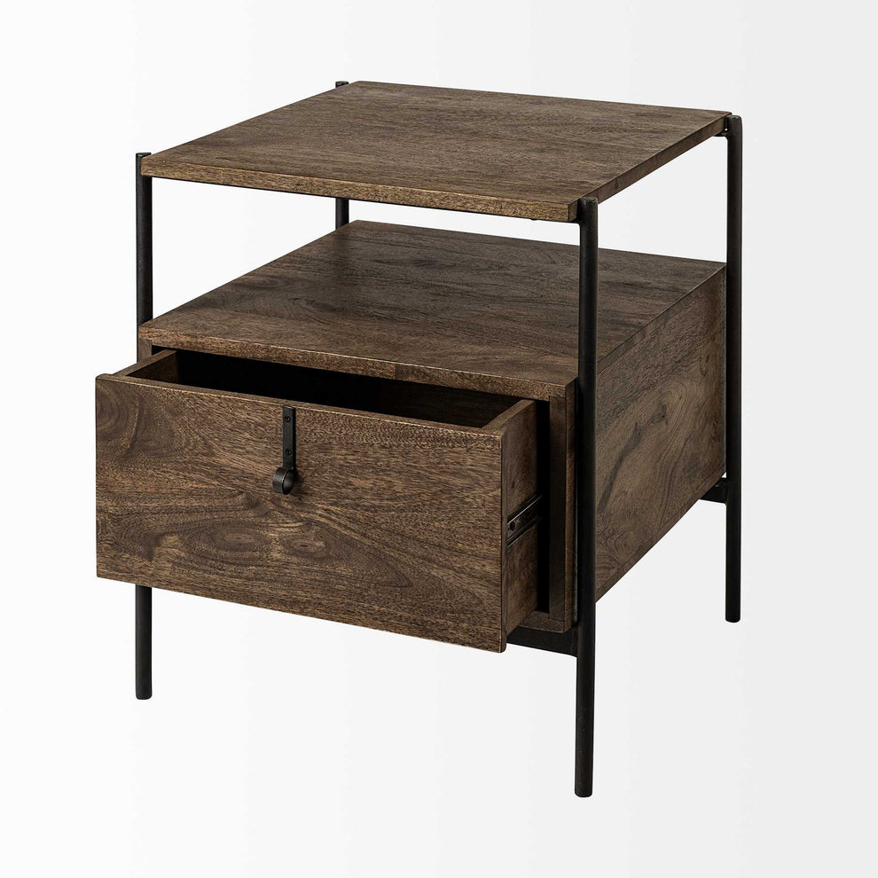 Square Top End Table with Dark Brown Wood and Iron Black Frame By Homeroots | End Tables | Modishstore - 4