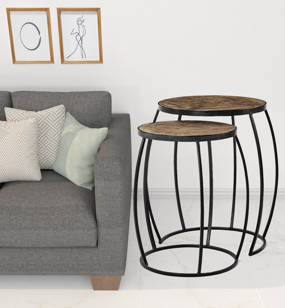 Set of 2 Brown Wooden Round Top Accent Tables with Black Metal Frame Nesting By Homeroots | Accent Tables | Modishstore - 6