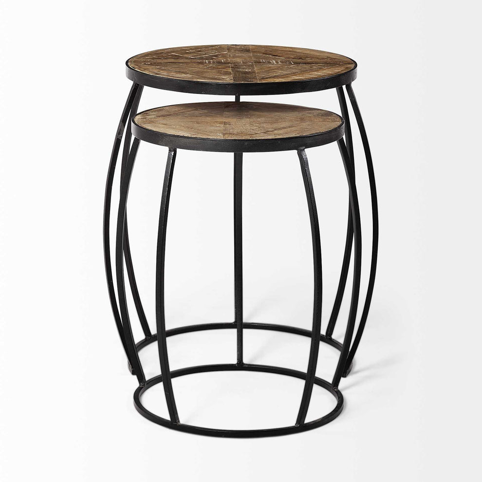 Set of 2 Brown Wooden Round Top Accent Tables with Black Metal Frame Nesting By Homeroots | Accent Tables | Modishstore - 3