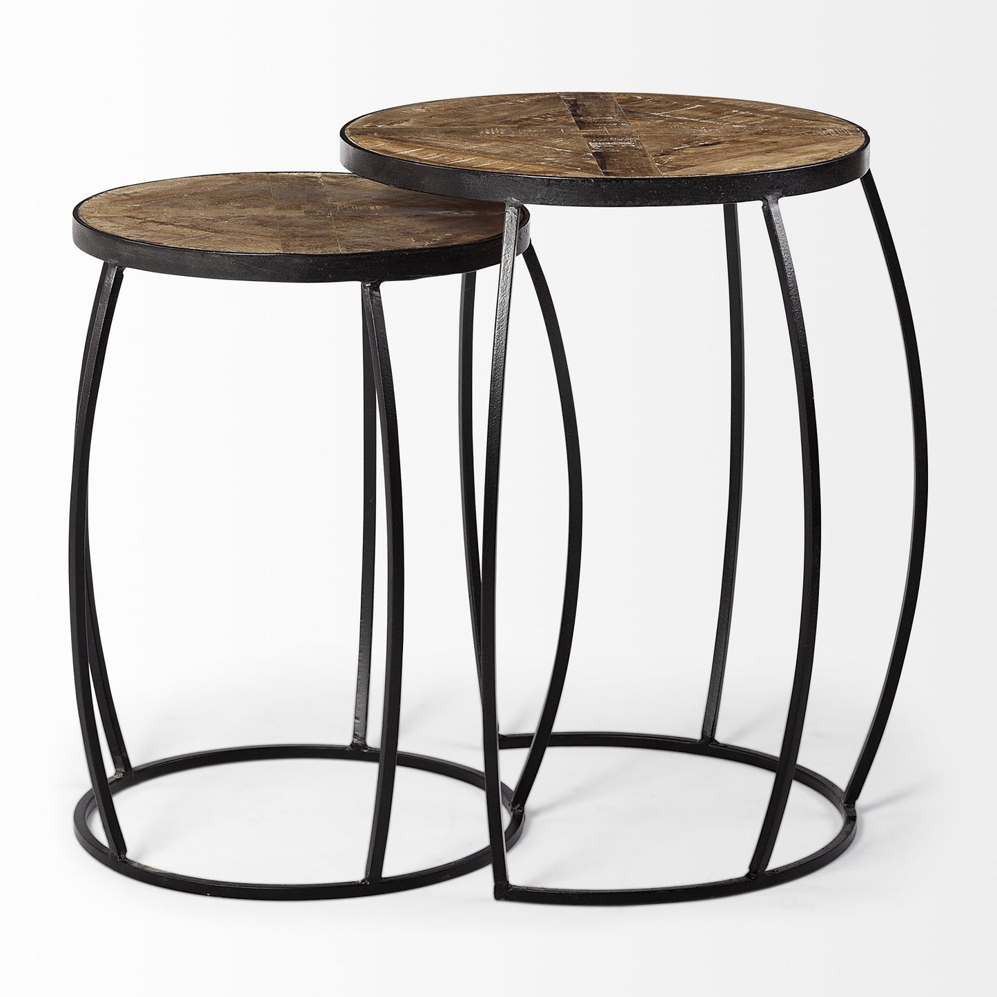 Set of 2 Brown Wooden Round Top Accent Tables with Black Metal Frame Nesting By Homeroots