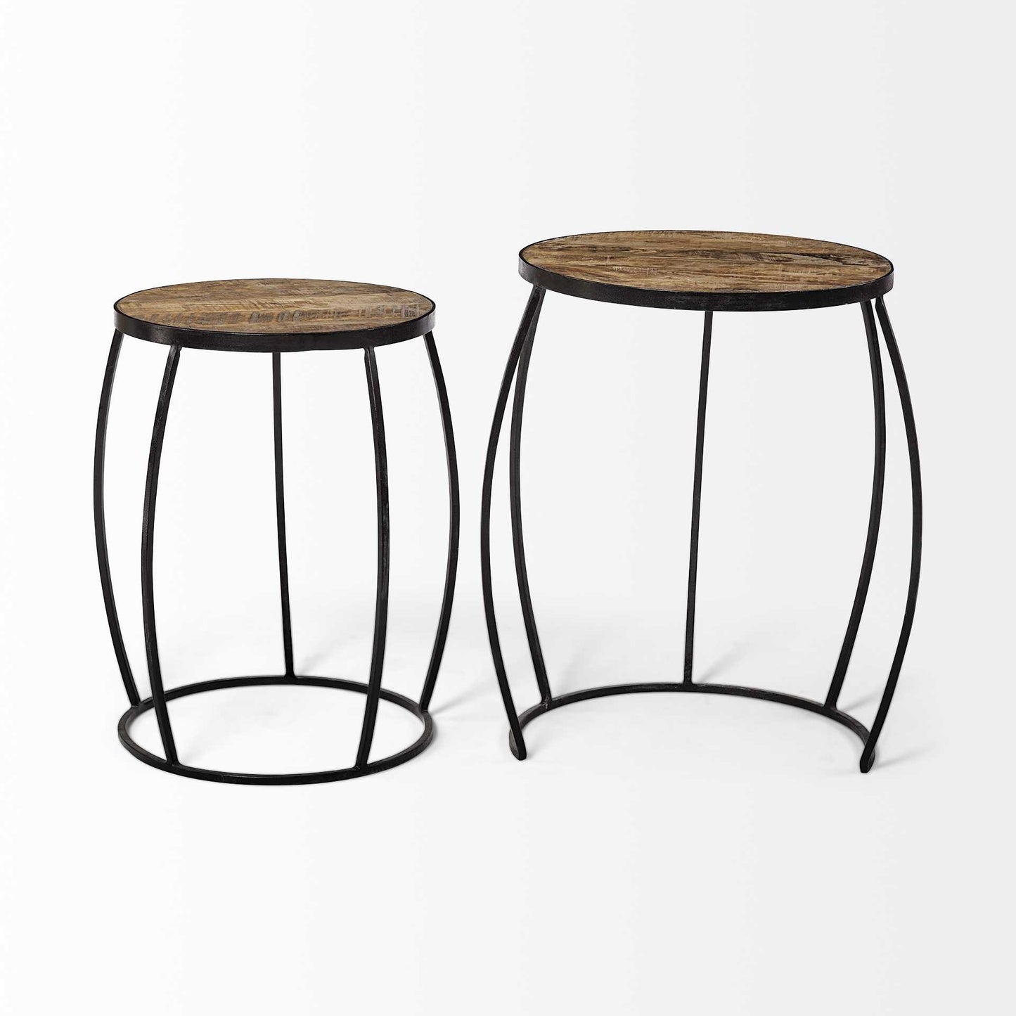 Set of 2 Brown Wooden Round Top Accent Tables with Black Metal Frame Nesting By Homeroots