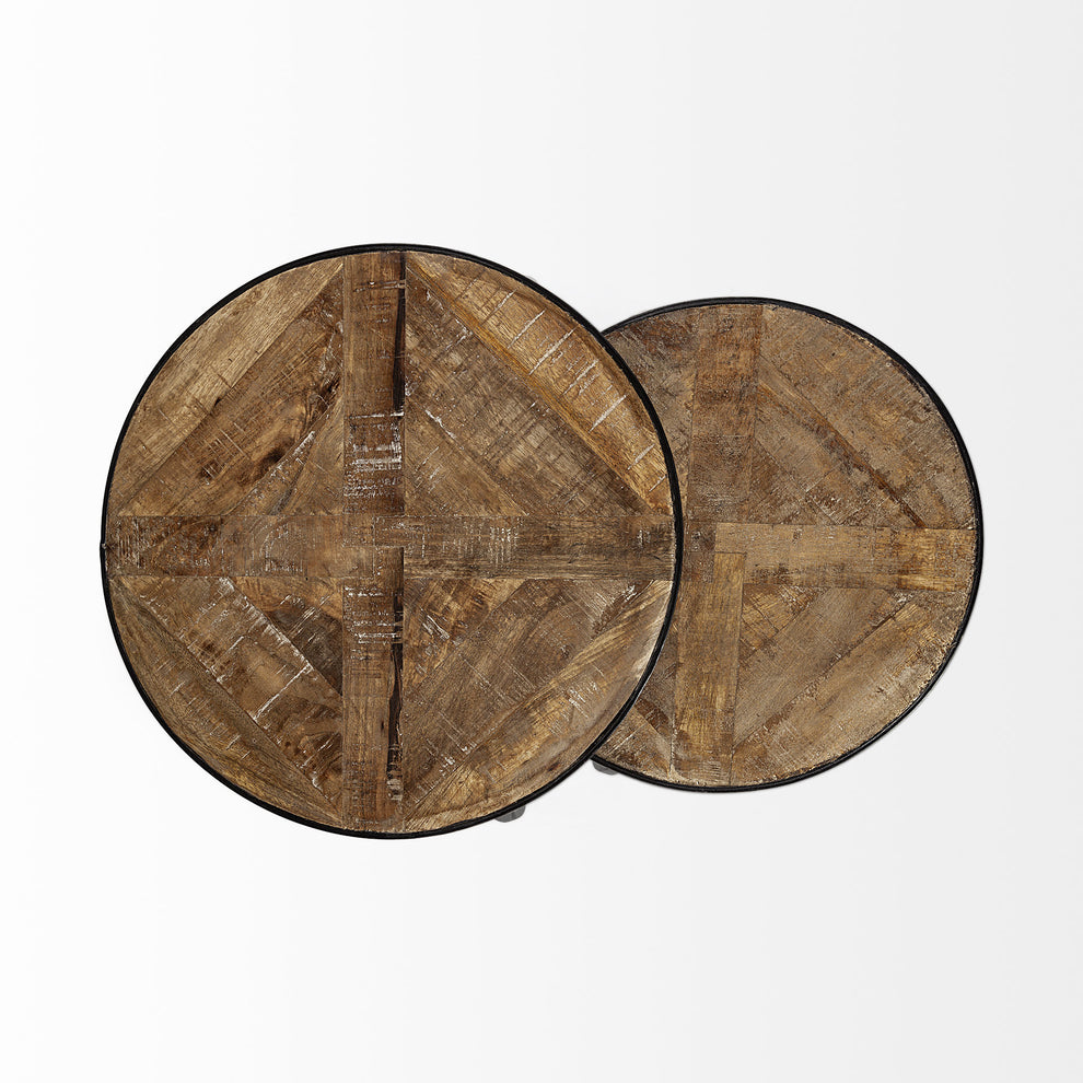 Set of 2 Brown Wooden Round Top Accent Tables with Black Metal Frame Nesting By Homeroots | Accent Tables | Modishstore - 5