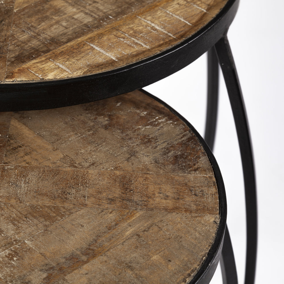 Set of 2 Brown Wooden Round Top Accent Tables with Black Metal Frame Nesting By Homeroots | Accent Tables | Modishstore - 2