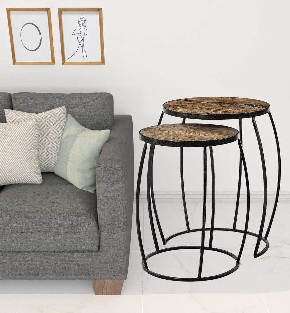 Set of 2 Medium Brown Wooden Round Top Accent Tables with Black Metal Frame Nesting Tables By Homeroots | Accent Tables | Modishstore - 5