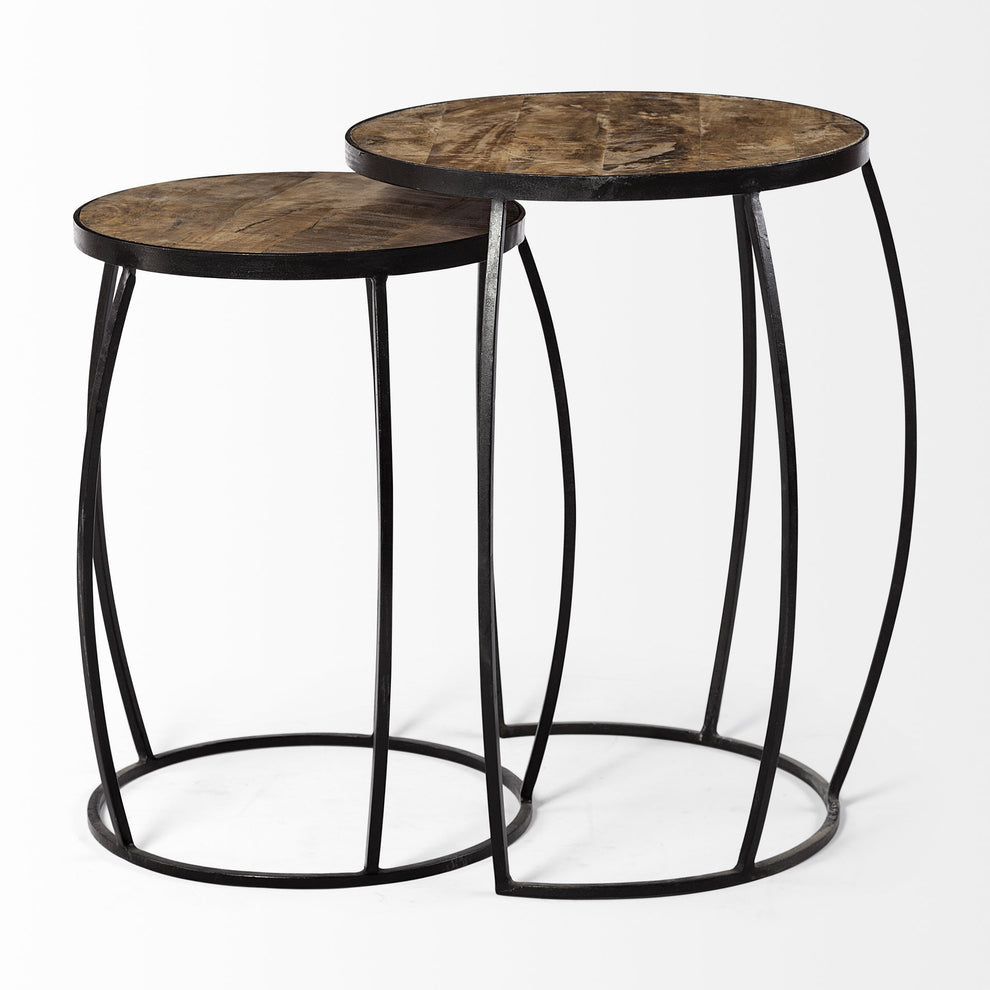 Set of 2 Medium Brown Wooden Round Top Accent Tables with Black Metal Frame Nesting Tables By Homeroots | Accent Tables | Modishstore - 7