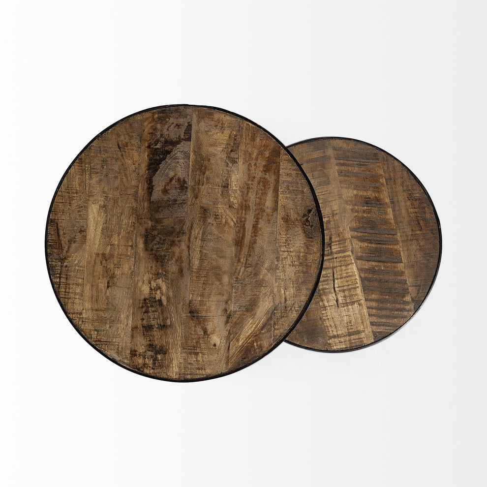 Set of 2 Medium Brown Wooden Round Top Accent Tables with Black Metal Frame Nesting Tables By Homeroots | Accent Tables | Modishstore - 4