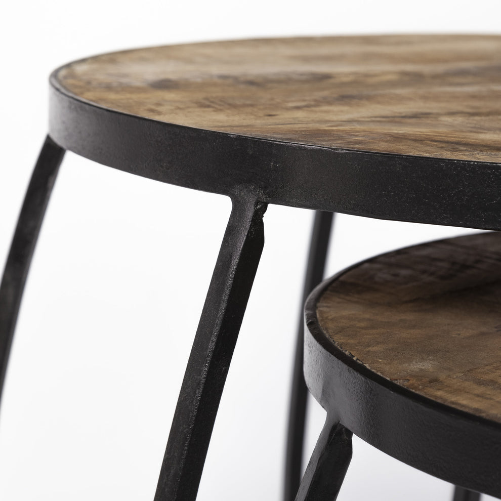 Set of 2 Medium Brown Wooden Round Top Accent Tables with Black Metal Frame Nesting Tables By Homeroots | Accent Tables | Modishstore - 9
