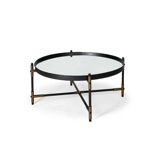 Round Mirrored Top Accent Table with Black and Brass Metal Base By Homeroots