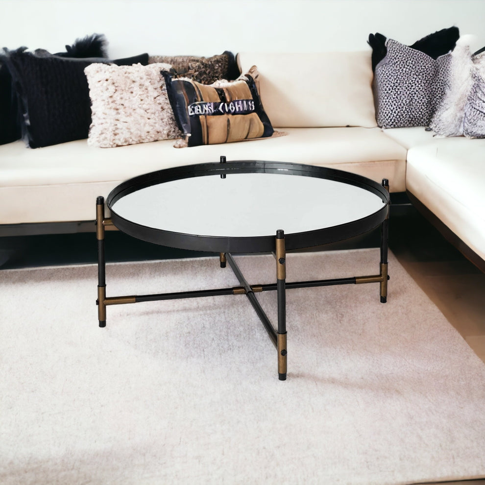 Round Mirrored Top Accent Table with Black and Brass Metal Base By Homeroots | Accent Tables | Modishstore - 4