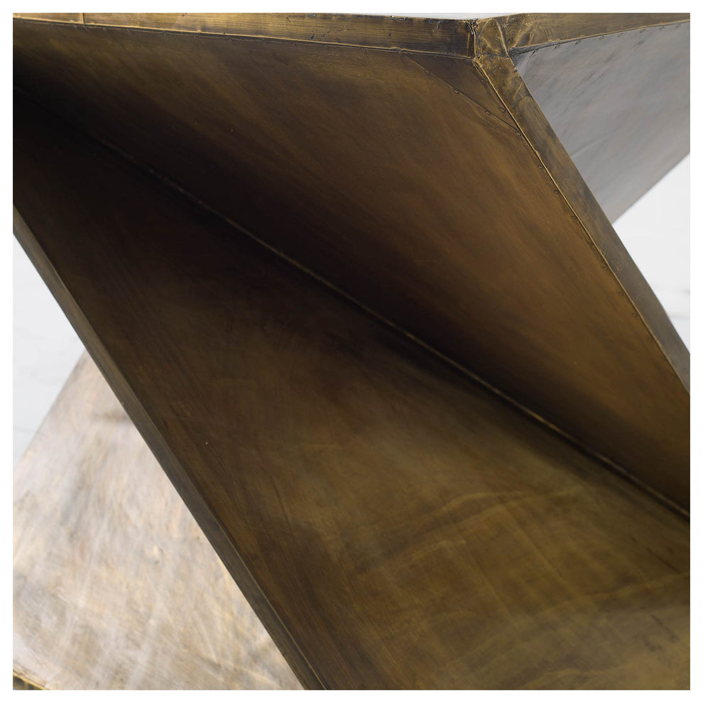 Z-Shaped Brass-Clad Wooden Accent Table By Homeroots | Accent Tables | Modishstore - 3