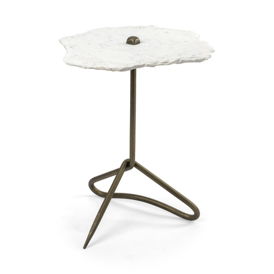 White Marble Top Accent Table with Triangluar Gold Iron Base By Homeroots