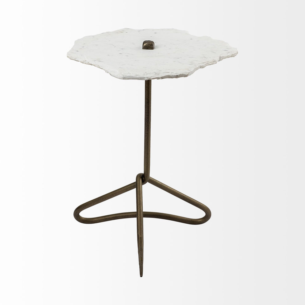White Marble Top Accent Table with Triangluar Gold Iron Base By Homeroots | Accent Tables | Modishstore - 2