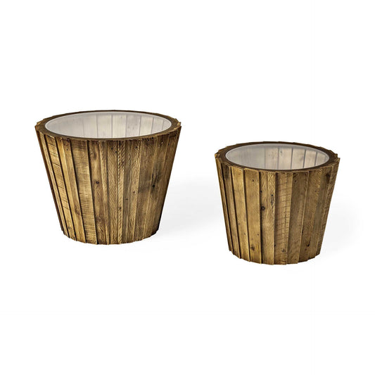 Set of 2 Light Brown Wood Accent Tables with Glass Round Top By Homeroots