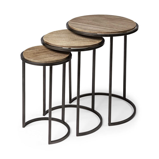 Set of 3 Brown Wood Round Top Accent Tables with Iron Nesting By Homeroots