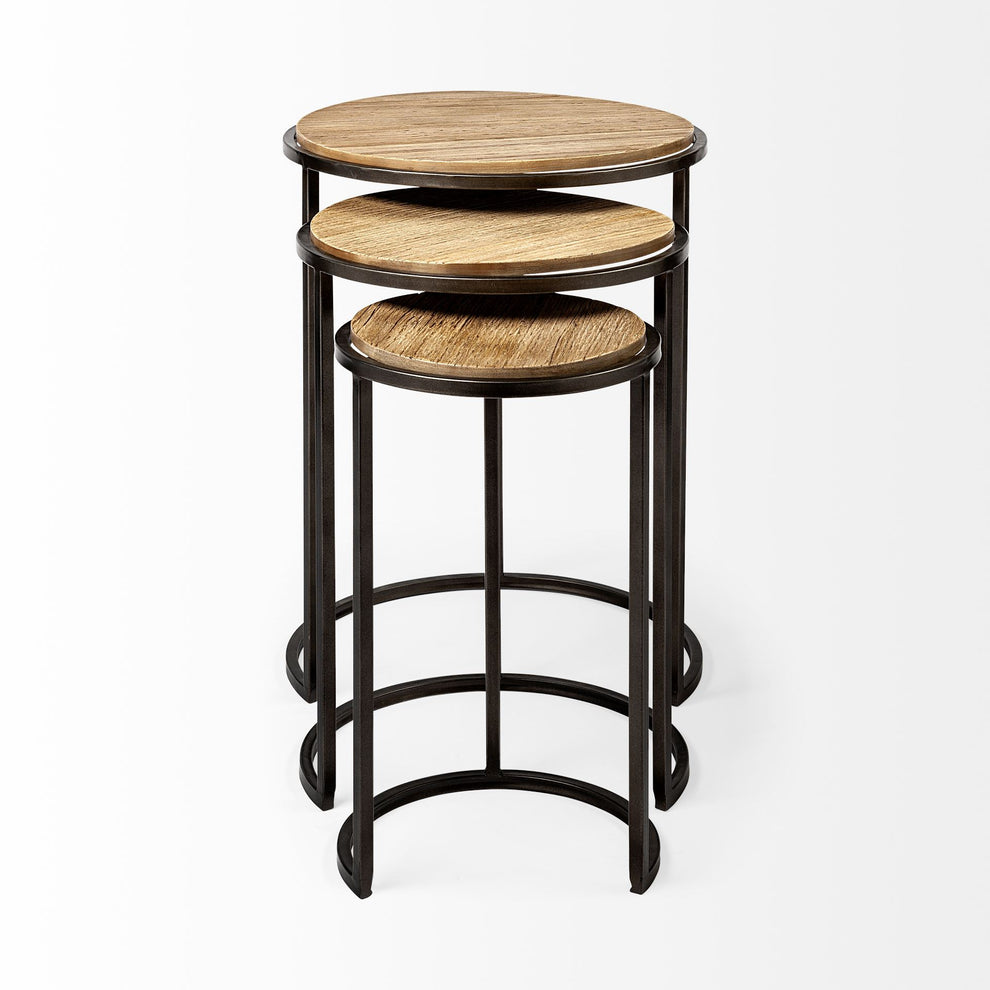 Set of 3 Brown Wood Round Top Accent Tables with Iron Nesting By Homeroots | Accent Tables | Modishstore - 2
