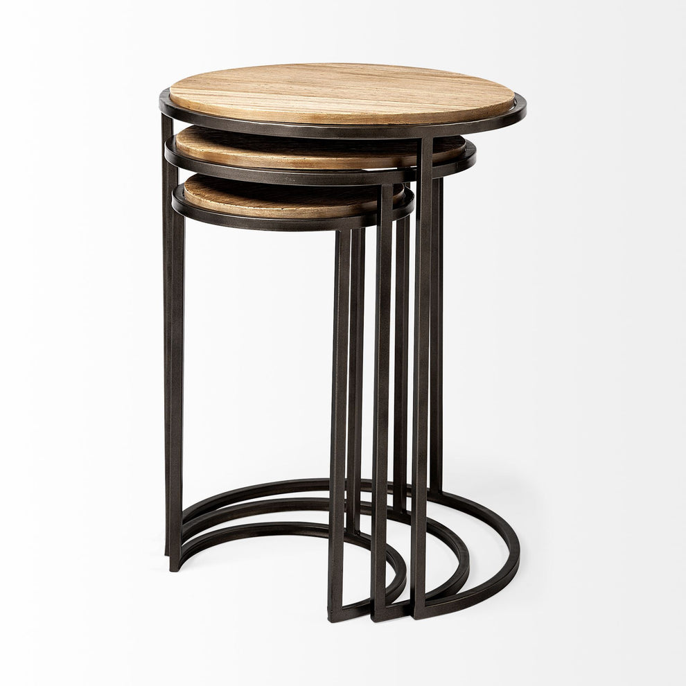 Set of 3 Brown Wood Round Top Accent Tables with Iron Nesting By Homeroots | Accent Tables | Modishstore - 3