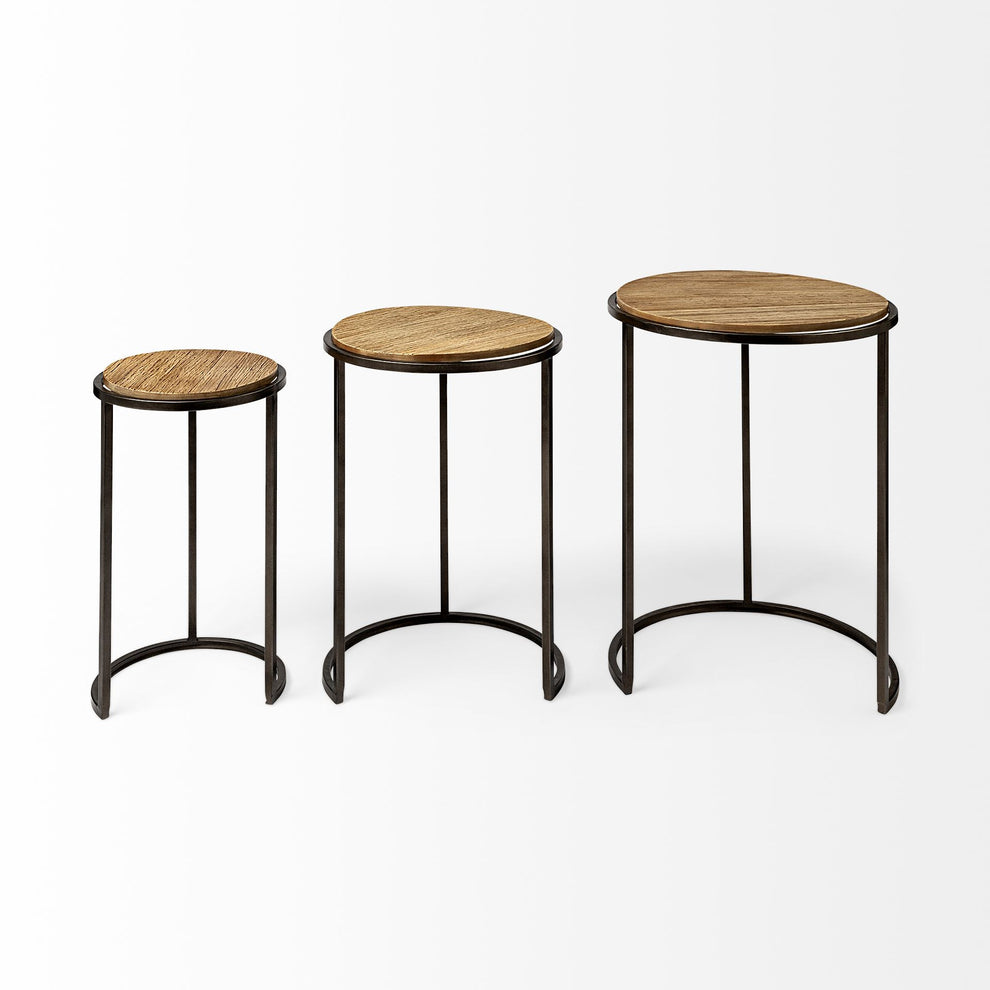 Set of 3 Brown Wood Round Top Accent Tables with Iron Nesting By Homeroots | Accent Tables | Modishstore - 4