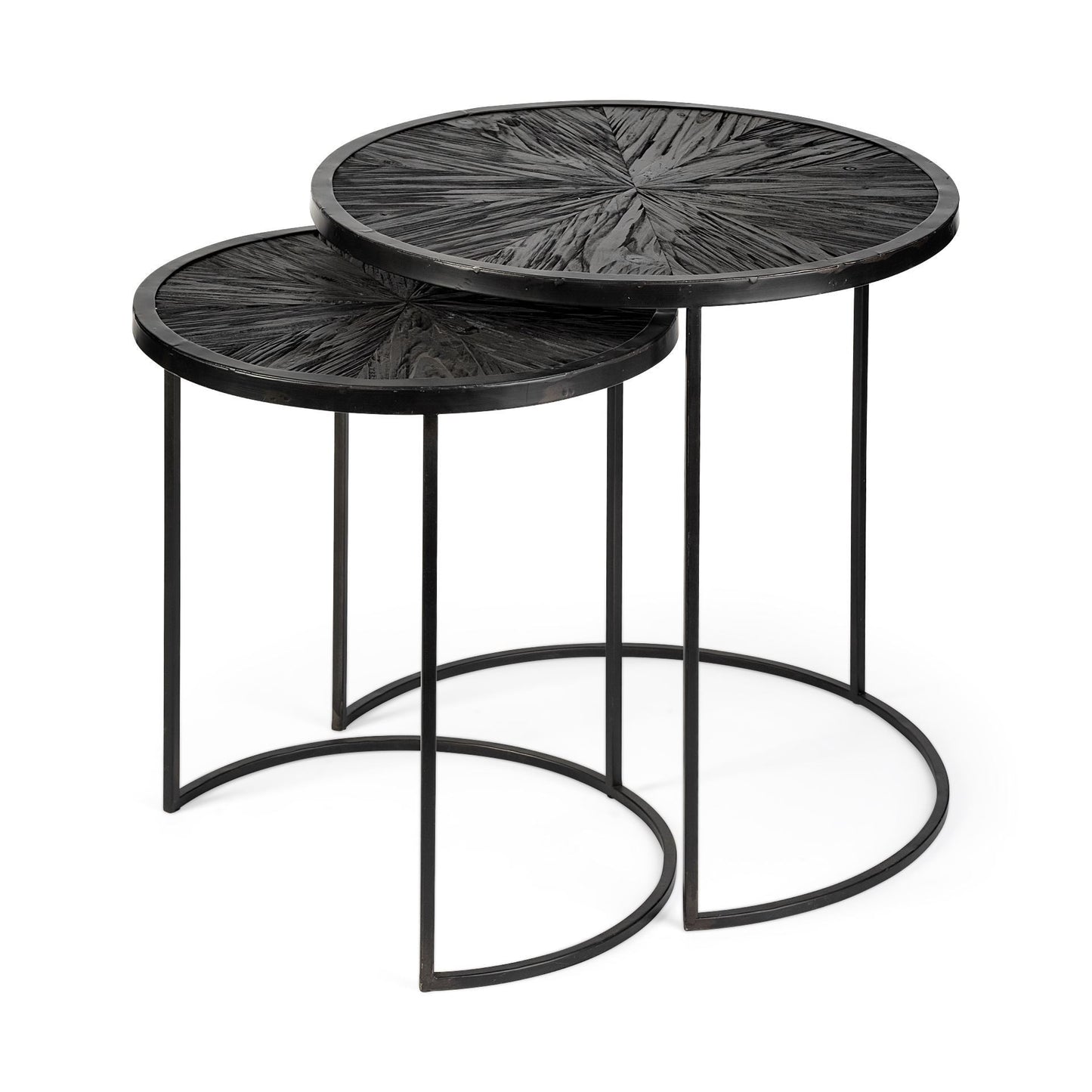 Set of 2 Dark Wood Round Top Accent Tables with Black Iron Frame By Homeroots | Accent Tables | Modishstore