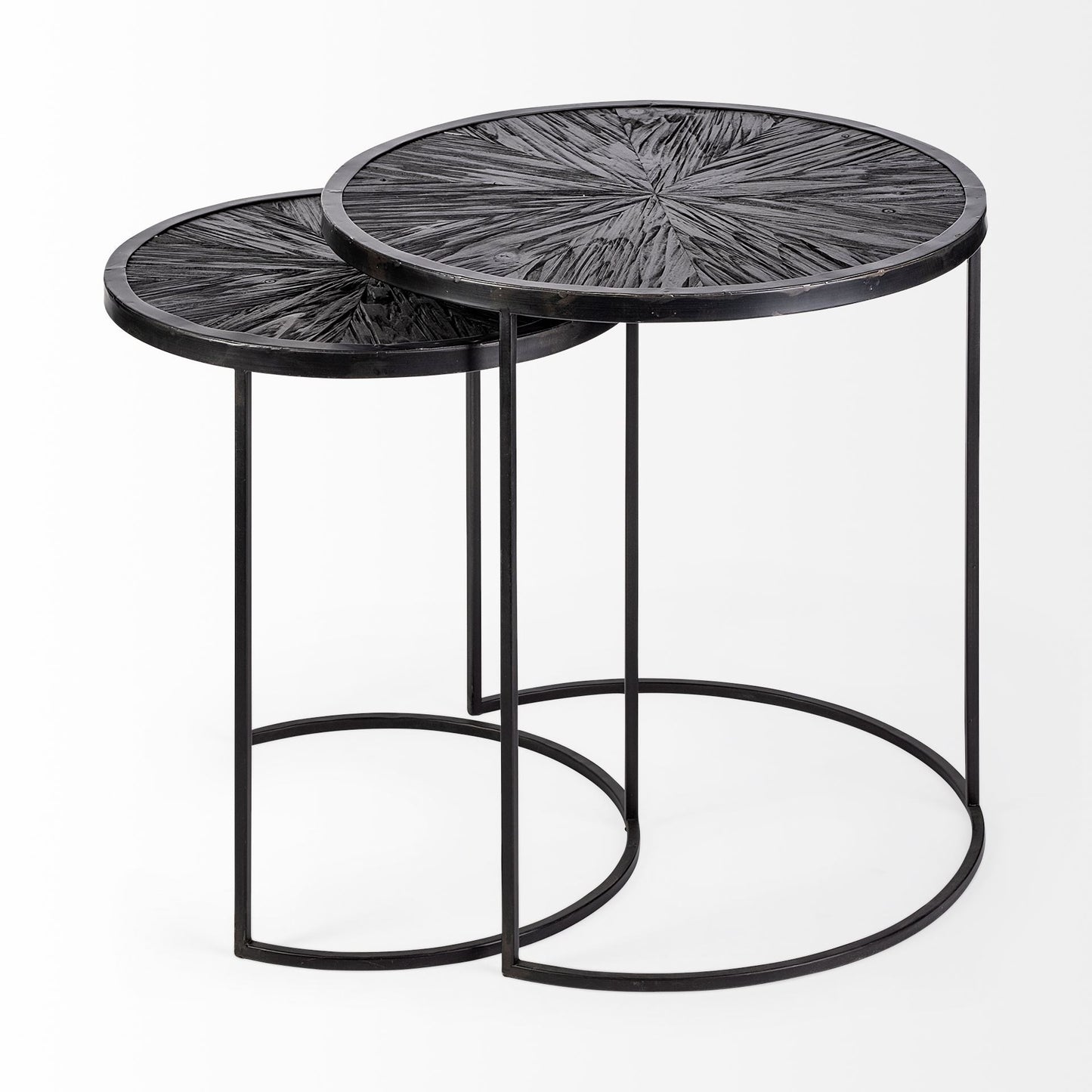 Set of 2 Dark Wood Round Top Accent Tables with Black Iron Frame By Homeroots