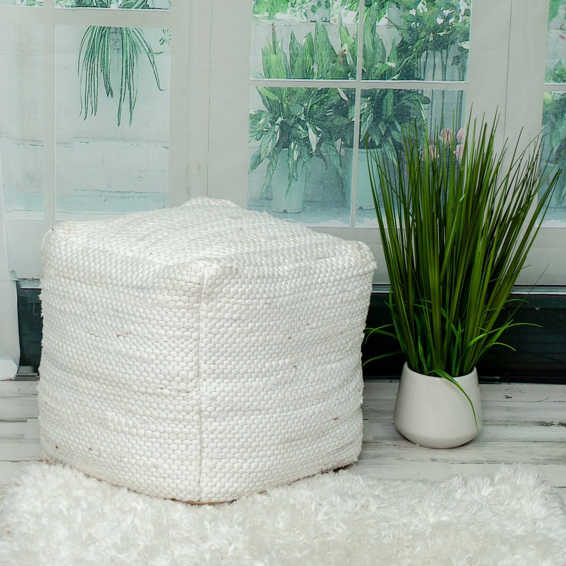 Chic Chunky White Textured Pouf By Homeroots | Poufs | Modishstore - 3