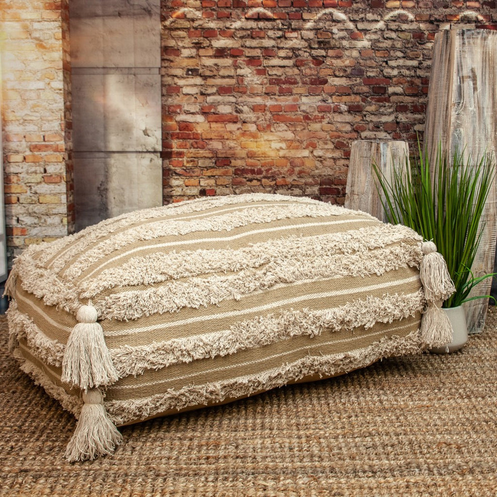 Camel Fringe Striped Pouf By Homeroots | Poufs | Modishstore - 4