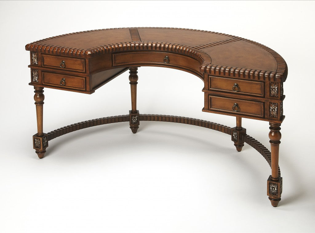 Hand Carved Leather Top Crescent Shape Desk By Homeroots | Desks | Modishstore - 2