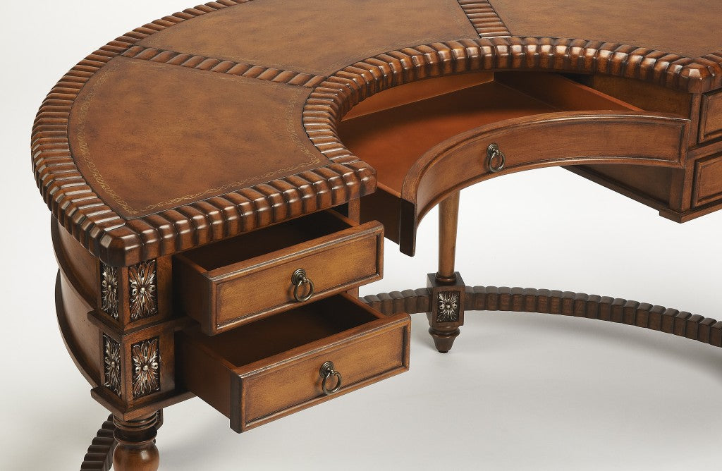 Hand Carved Leather Top Crescent Shape Desk By Homeroots | Desks | Modishstore - 3