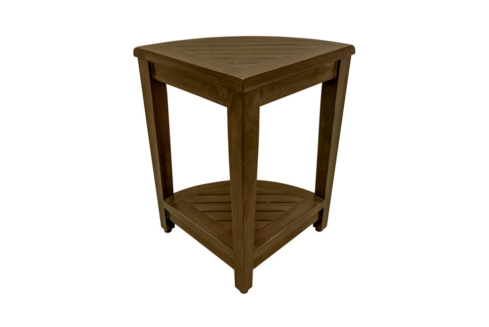 Curvilinear Dark Brown Teak 18" Corner Shower Bench With Shelf By Homeroots - 383307 | Benches | Modishstore - 3