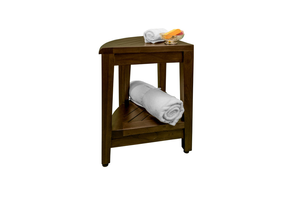 Curvilinear Dark Brown Teak 18" Corner Shower Bench With Shelf By Homeroots - 383308 | Benches | Modishstore - 2