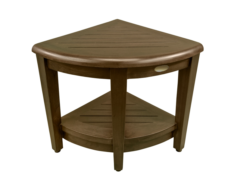Curvilinear Dark Brown Teak 18" Corner Shower Bench With Shelf By Homeroots - 383308 | Benches | Modishstore - 3