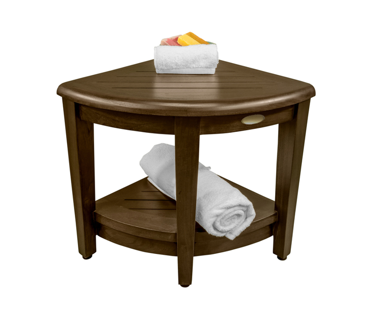 Curvilinear Dark Brown Teak 18" Corner Shower Bench With Shelf By Homeroots - 383308 | Benches | Modishstore - 4