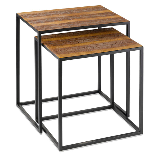 Set Of 2 Rectangular Black Powder Coated Frame and Rattlesnake Faux Leather Top Nesting End Tables By Homeroots