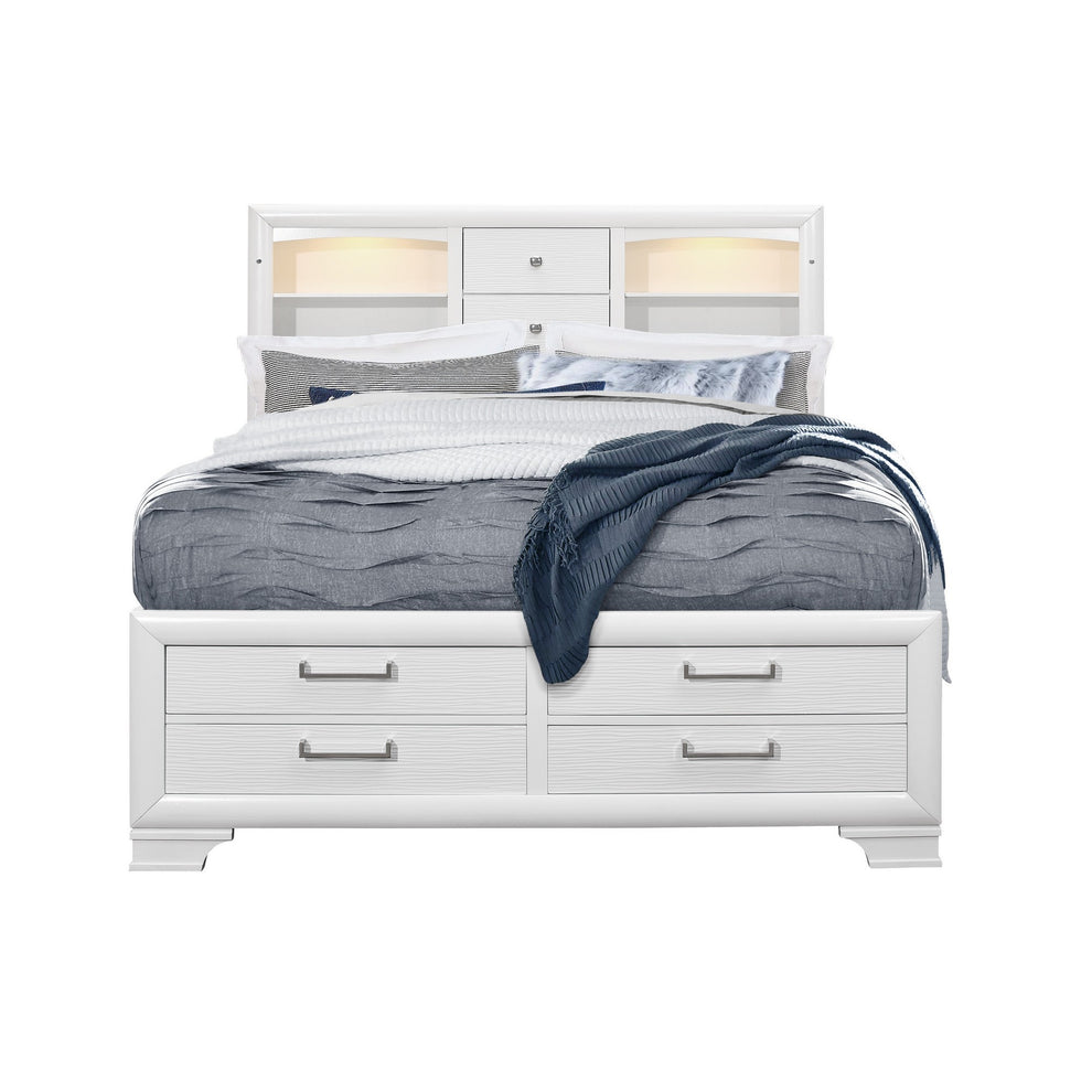 White Rubberwood King Bed With Bookshelves Headboard Led Lightning 6 Drawers By Homeroots | Beds | Modishstore - 2