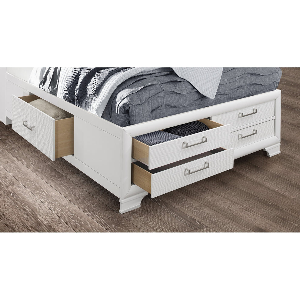 White Rubberwood King Bed With Bookshelves Headboard Led Lightning 6 Drawers By Homeroots | Beds | Modishstore - 4