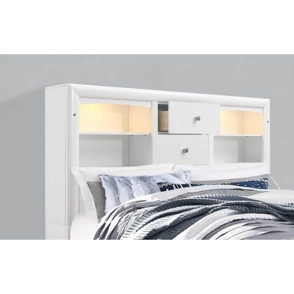 White Rubberwood King Bed With Bookshelves Headboard Led Lightning 6 Drawers By Homeroots | Beds | Modishstore - 5