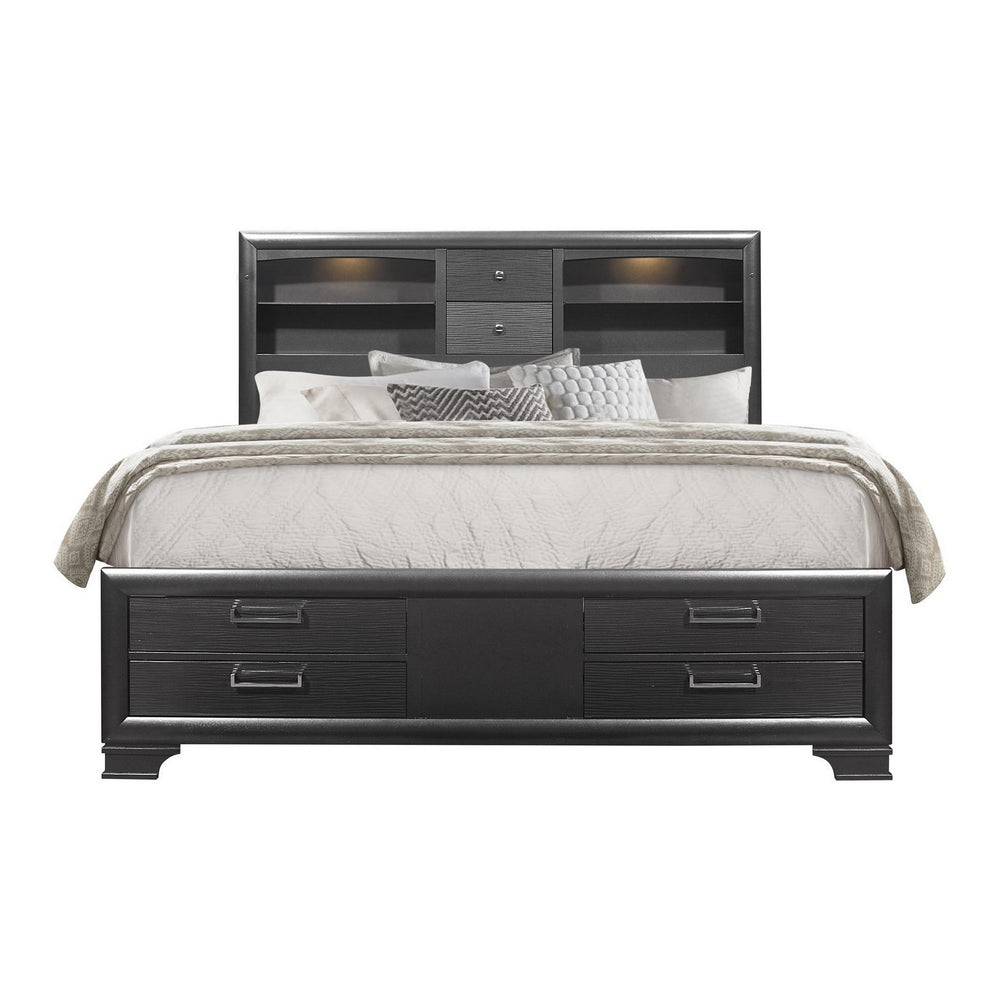 Grey Rubberwood Bed With Bookshelves Headboard Led Lightning 6 Drawers By Homeroots - 383796 | Beds | Modishstore - 2